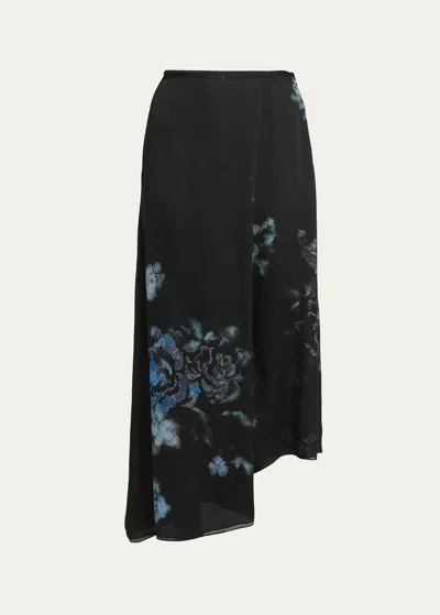 Giorgio Armani Official Store Silk Charmeuse Organza Asymmetric Skirt With A Floral Print In Fantaisie