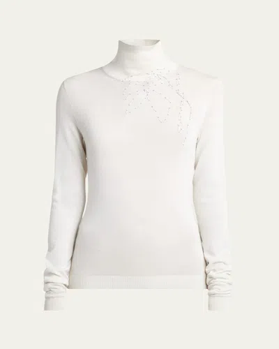 Giorgio Armani Floral Stitched Cashmere Silk Turtleneck Sweater In Solid White
