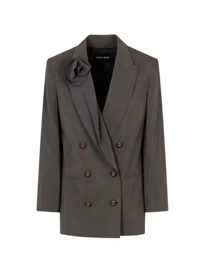 Giorgio Armani Floral-applique Double-breasted Silk Blazer In Gray