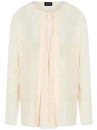 Giorgio Armani Fluid Georgette Silk Blouse With Concealed Button Closure In Neutral