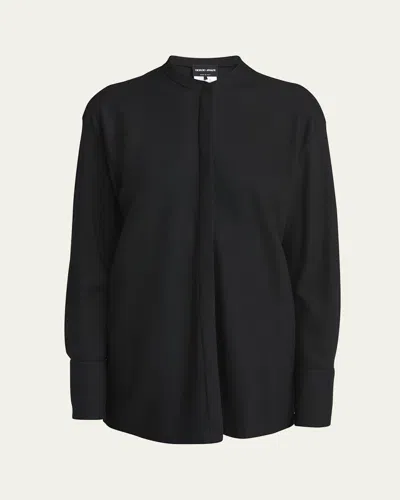 Giorgio Armani Fluid Wool Button Down Shirt In Solid Black