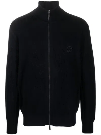 Giorgio Armani Logo-embroidered Ribbed Cardigan In Blue