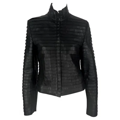 Pre-owned Giorgio Armani F/w 2000  Runway Ad Black Leather Layered Strip Panel Moto Jacket