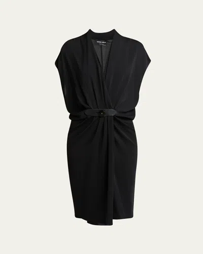 Giorgio Armani Gathered Leather Buckle Silk Dress