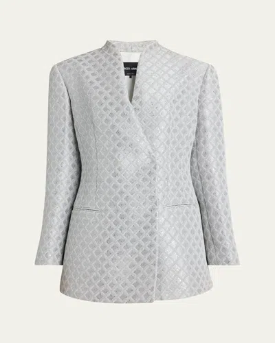 Giorgio Armani Geometric Paillette Jacquard Asymmetric Double-breasted Jacket In Silver