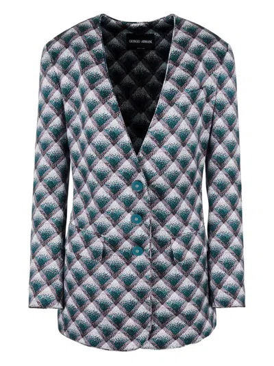 Giorgio Armani Geometric-pattern Single-breasted Blazer In Blue