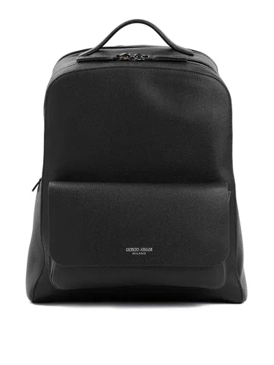 Giorgio Armani Grained Calf Leather Backpack In Black