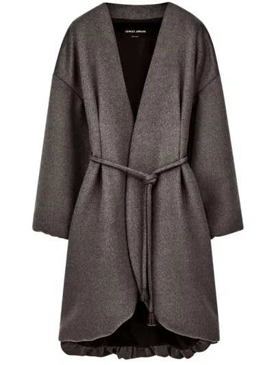 Giorgio Armani Oversized Wool Coat With Belt And Gathered Hem In Gray