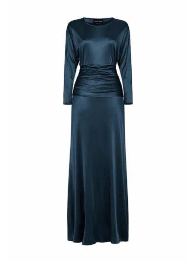 Giorgio Armani Green Asv Viscose Jersey Long Dress With Rhinestone Band In Blue