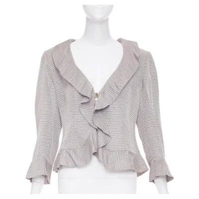 Pre-owned Giorgio Armani Grey Honeycomb Woven Linen Blend Ruffle Cropped Jacket It46 L In Gray