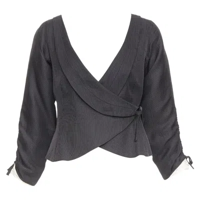 Pre-owned Giorgio Armani Grey Ramie Blend Ruched Kimono Wrap Crop Blazer It38 Xs In Gray