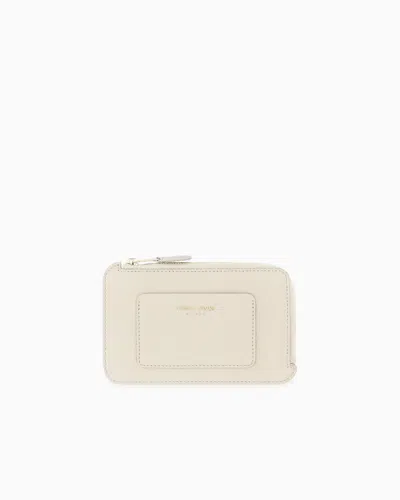 Giorgio Armani Half Zip-around Granulated Leather Wallet With Logo Pocket In White