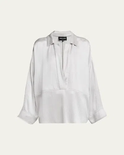 Giorgio Armani Hammered Satin Plunging Collared Shirt In White