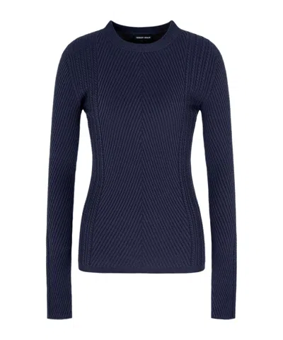 Giorgio Armani Herringbone Cable Knit Sweater In Blue