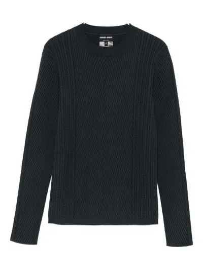 Giorgio Armani Herringbone Cable Knit Sweater In Black