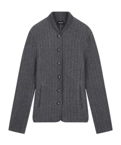 Giorgio Armani Herringbone Cashmere Knit Jacket With Stand Collar In Gray