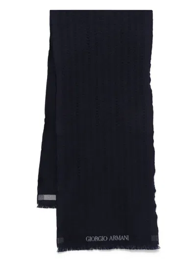 GIORGIO ARMANI HERRINGBONE PATTERN WOOL FRINGED SCARF
