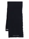 Giorgio Armani Herringbone Pattern Wool Fringed Scarf In Black