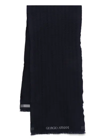 Giorgio Armani Herringbone Pattern Wool Fringed Scarf Accessories In Blue