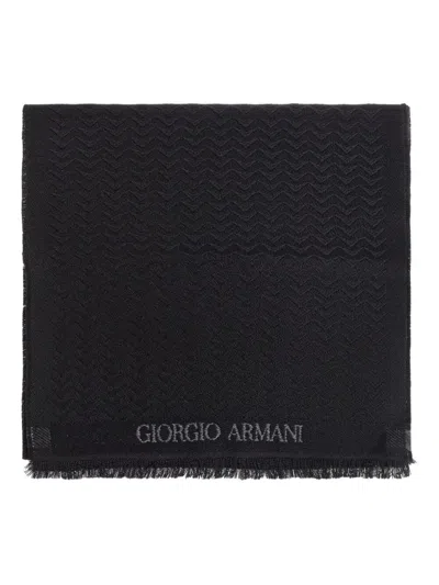 Giorgio Armani Herringbone Pattern Wool Fringed Scarf Accessories In Black