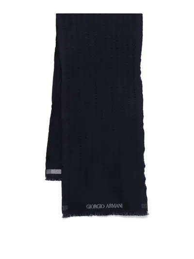 Giorgio Armani Herringbone Pattern Wool Fringed Scarf In Blue