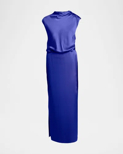 Giorgio Armani High-neck Double Silk Satin Gown In Blue