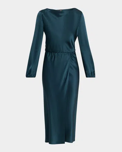 Giorgio Armani High-neck Long-sleeve Satin Midi Dress In Blue