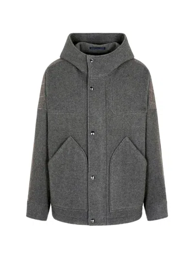 Giorgio Armani Hooded Buttoned Peacoat In Gray