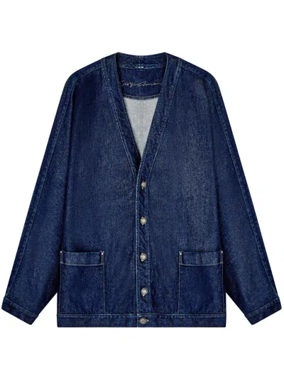 Giorgio Armani Indigo Denim V-neck Metallic Button Jacket In Blue