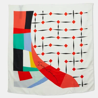 Pre-owned Giorgio Armani Ivory Printed Silk Scarf In White