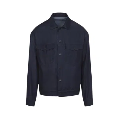 Giorgio Armani Collared Long Sleeve Jacket With Chest Pockets In Blue
