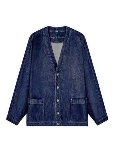 Giorgio Armani Indigo Denim V-neck Metallic Button Jacket In Blue