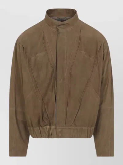 Giorgio Armani Jacket Elastic Hem Front Pockets High Collar In Brown