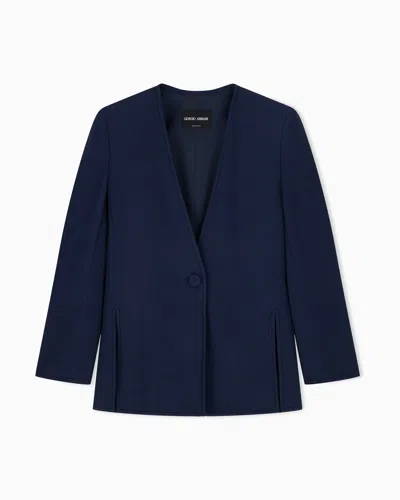 Giorgio Armani Jacket In Technical Viscose Cady With V-neck And Side Slits In Blue