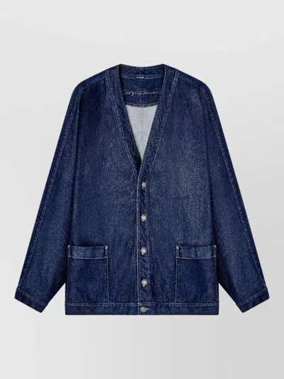 Giorgio Armani Indigo Denim V-neck Metallic Button Jacket In Blue