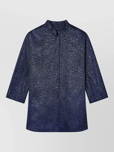 Giorgio Armani Shimmering Boxy Three-quarter Sleeve Structured Jacket In Blue