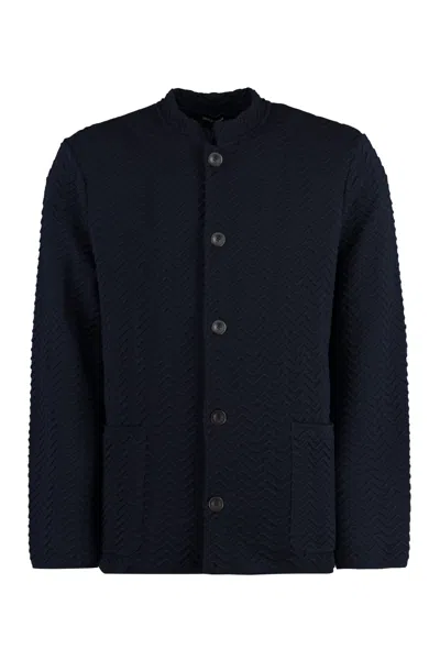 Giorgio Armani Jacquard Knit Cardigan In Blu