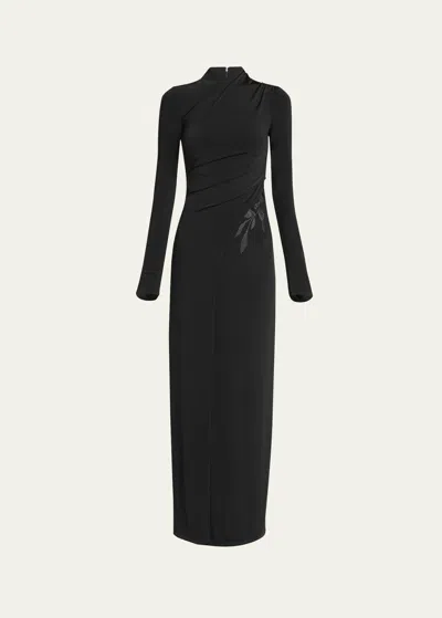 Giorgio Armani Jersey Column Gown With Beaded Floral Hip Detail In Black