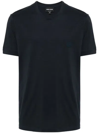 Giorgio Armani Logo Embroidery Cotton T-shirt In Nero