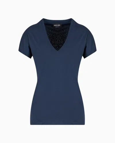 Giorgio Armani Jersey V-neck Top In Navy Blue