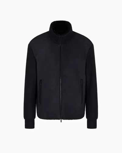 Giorgio Armani Lamb Shearling Suede And Virgin Wool Blouson In Blue