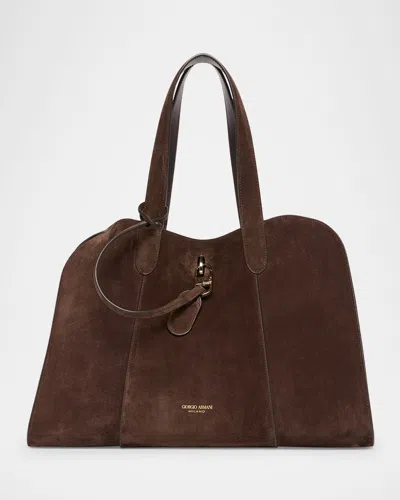Giorgio Armani Large Soft Suede Trapezoid Tote Bag In Brown