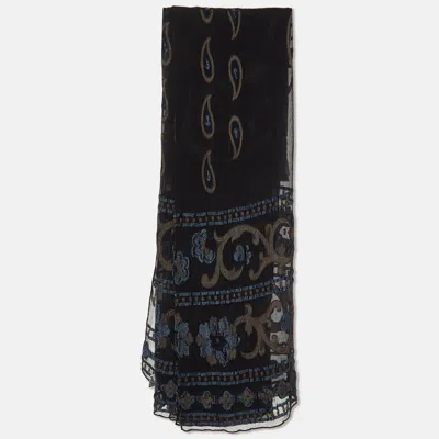 Pre-owned Giorgio Armani Le Collezioni Black Paisley Embroidered Silk Chiffon Stole