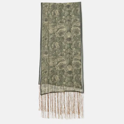 Pre-owned Giorgio Armani Le Collezioni Green Print Silk Fringed Scarf
