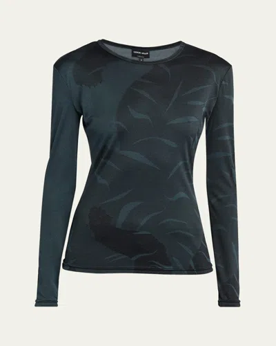 Giorgio Armani Leaf Print Long Sleeve Silk T-shirt In Solid Black