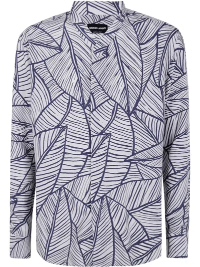 Giorgio Armani Leaf-print Shirt In 蓝色