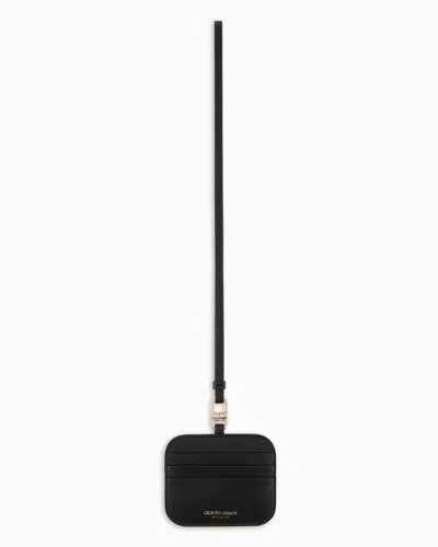 Giorgio Armani Leather Card Holder With Shoulder Strap In Black