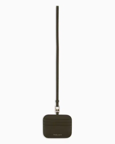 Giorgio Armani Leather Card Holder With Shoulder Strap In Black