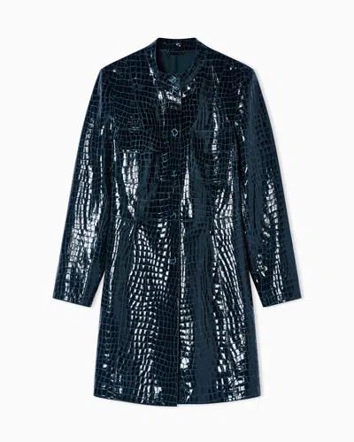 Giorgio Armani Leather Coat With Crocodile Print Asv In Blue