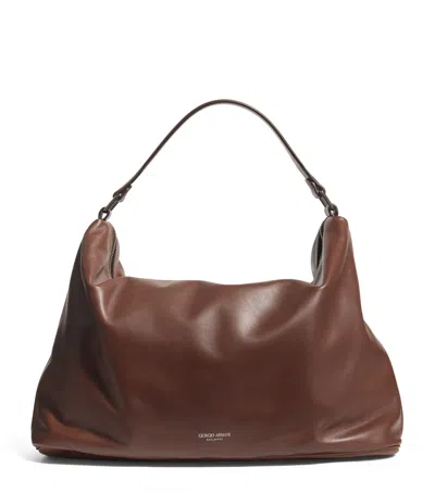 Giorgio Armani Leather Cross-body Holdall In Brown